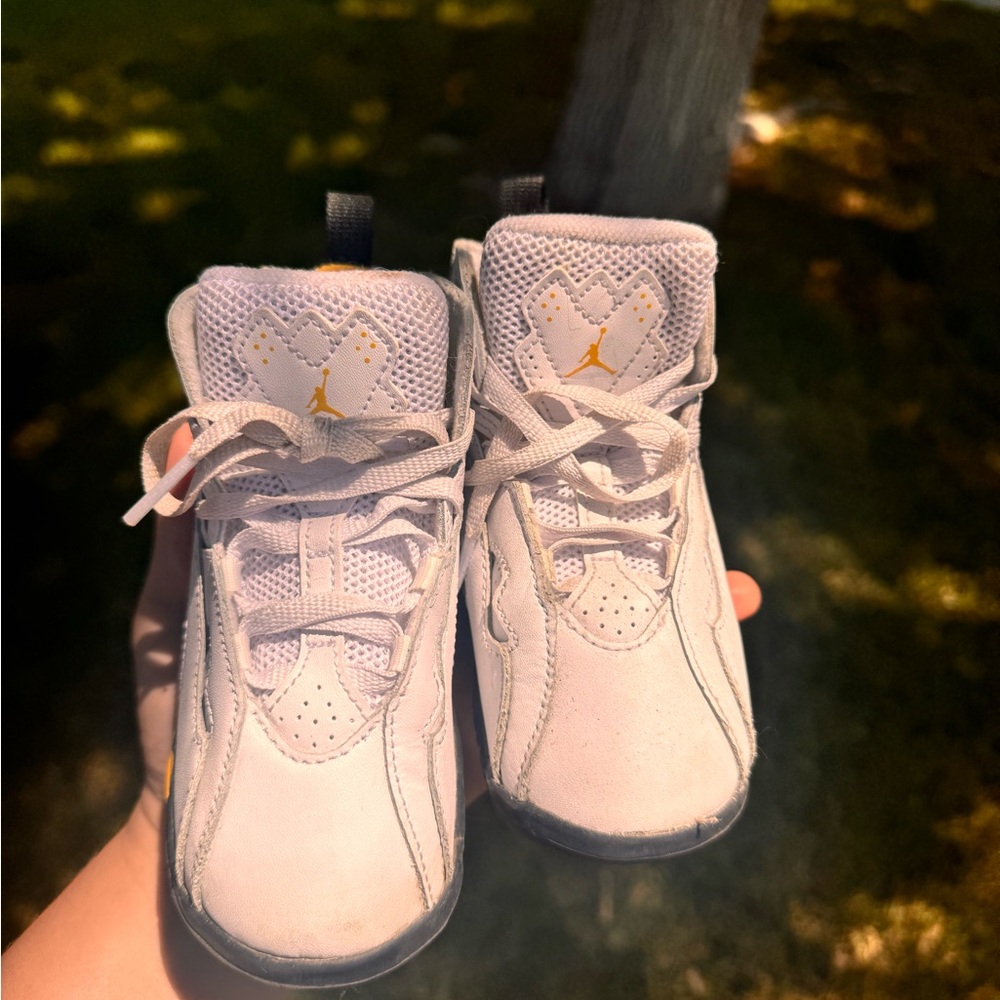 Jordan White and Gold Classic Sneakers with Perforated Design